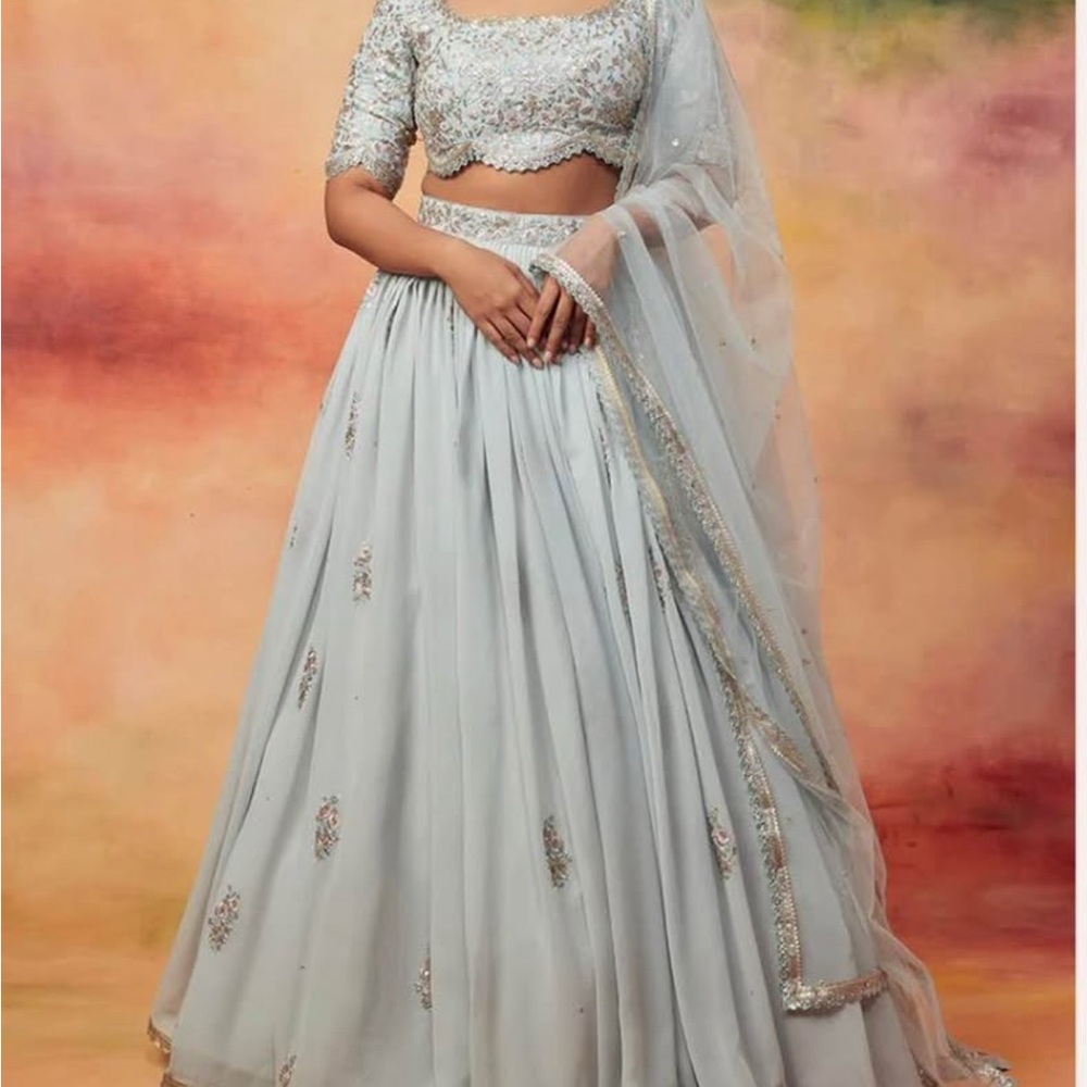 Embellished Light Blue Lehenga Set with Sheer Dupatta